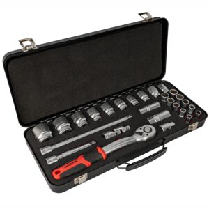 SOCKET & RATCHET SET 27PC 1/2' DR CRV 8-32MM 12 POINT METAL CASE